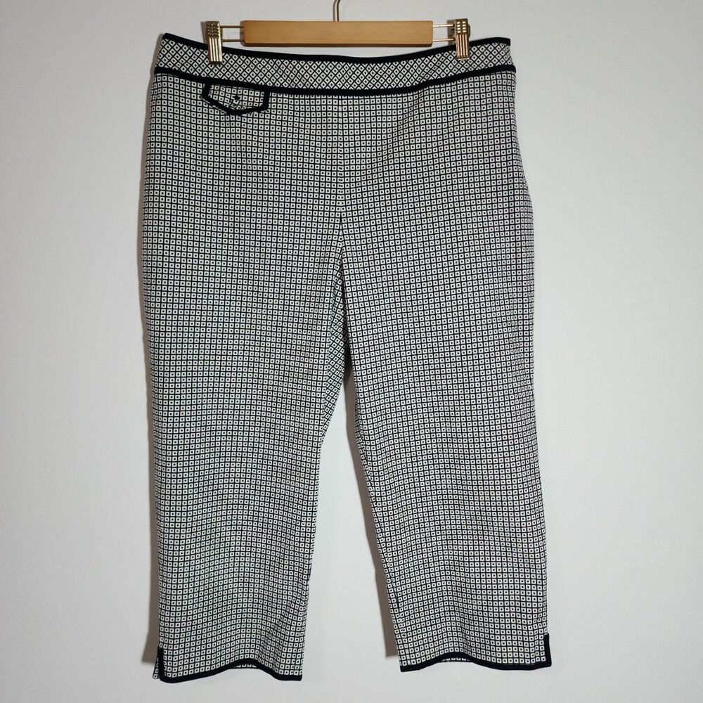 Talbots Womens Cropped Pants 16/18 Black White Geometric Stretch Cotton Blend